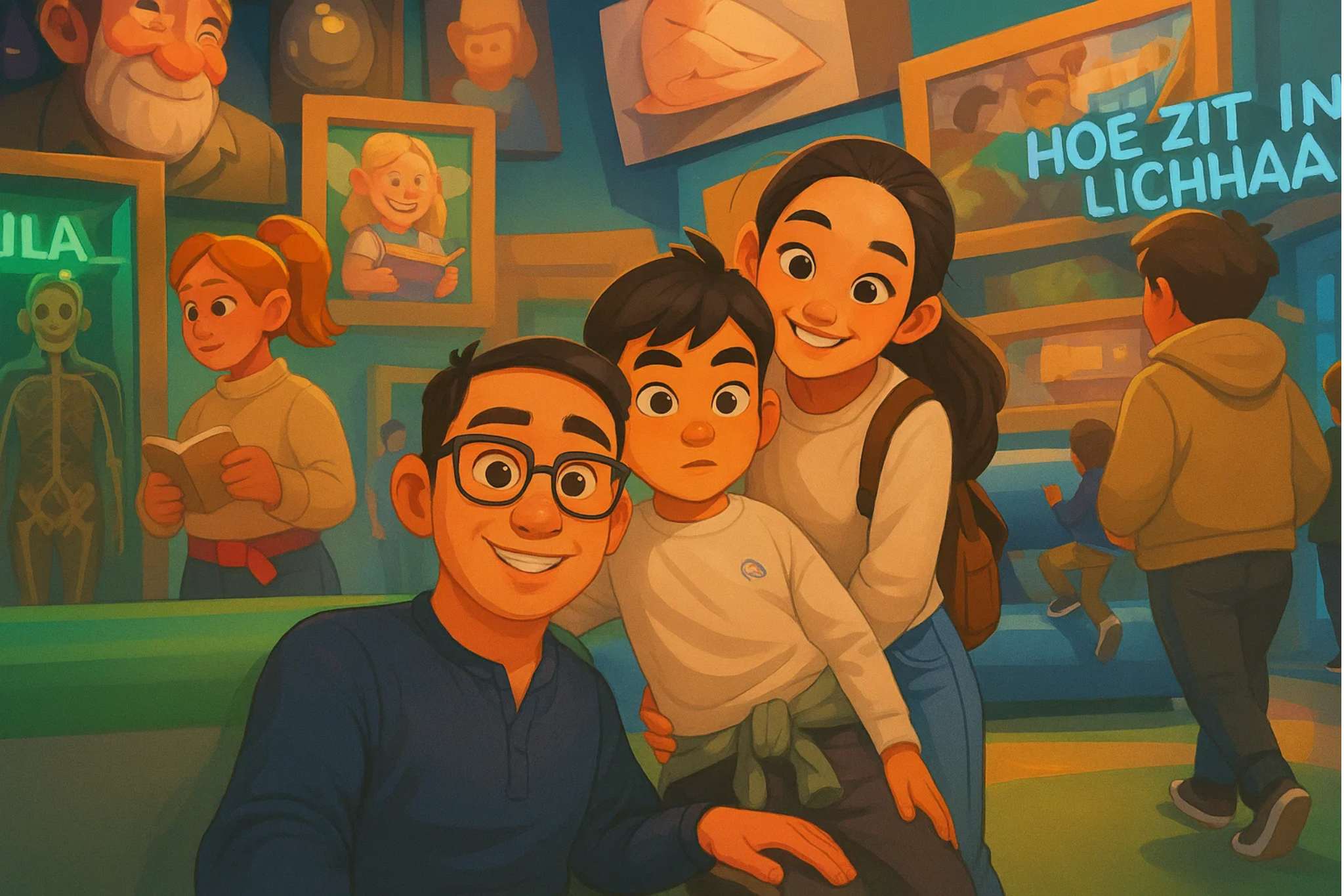 👨‍👩‍👧 在NEMO馆的全家福 - 铜绿色科学馆背景下，一家三口在互动展品前绽放笑容，记录下探索科学的美好时刻