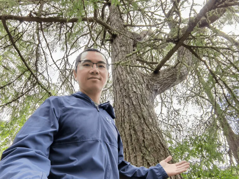 Martin 站在一棵长满地衣的巨大针叶树旁,伸手指向树干。