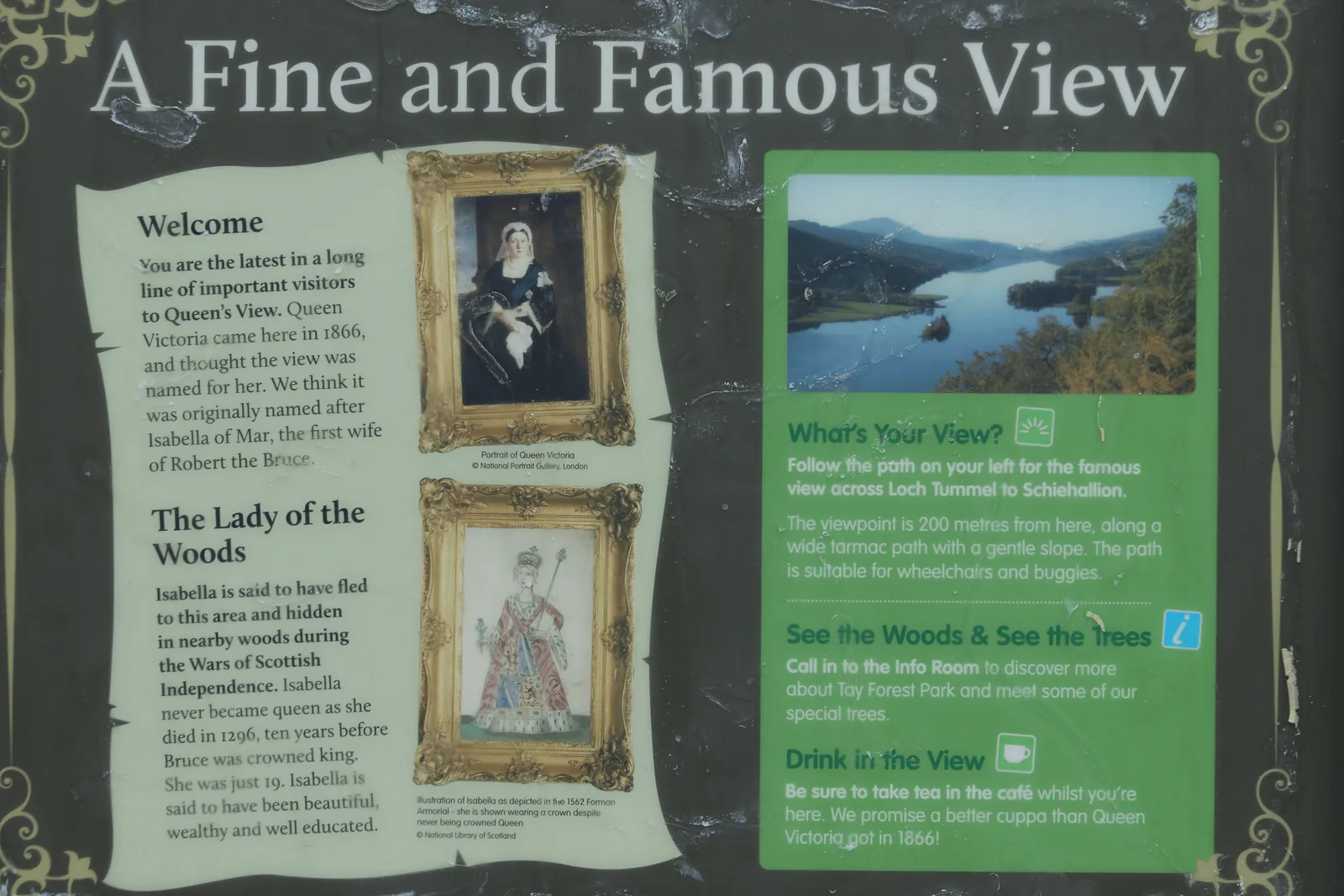 A Fine and Famous View 解说牌,并列 Victoria 1866 到访与 Isabella 地方传统
