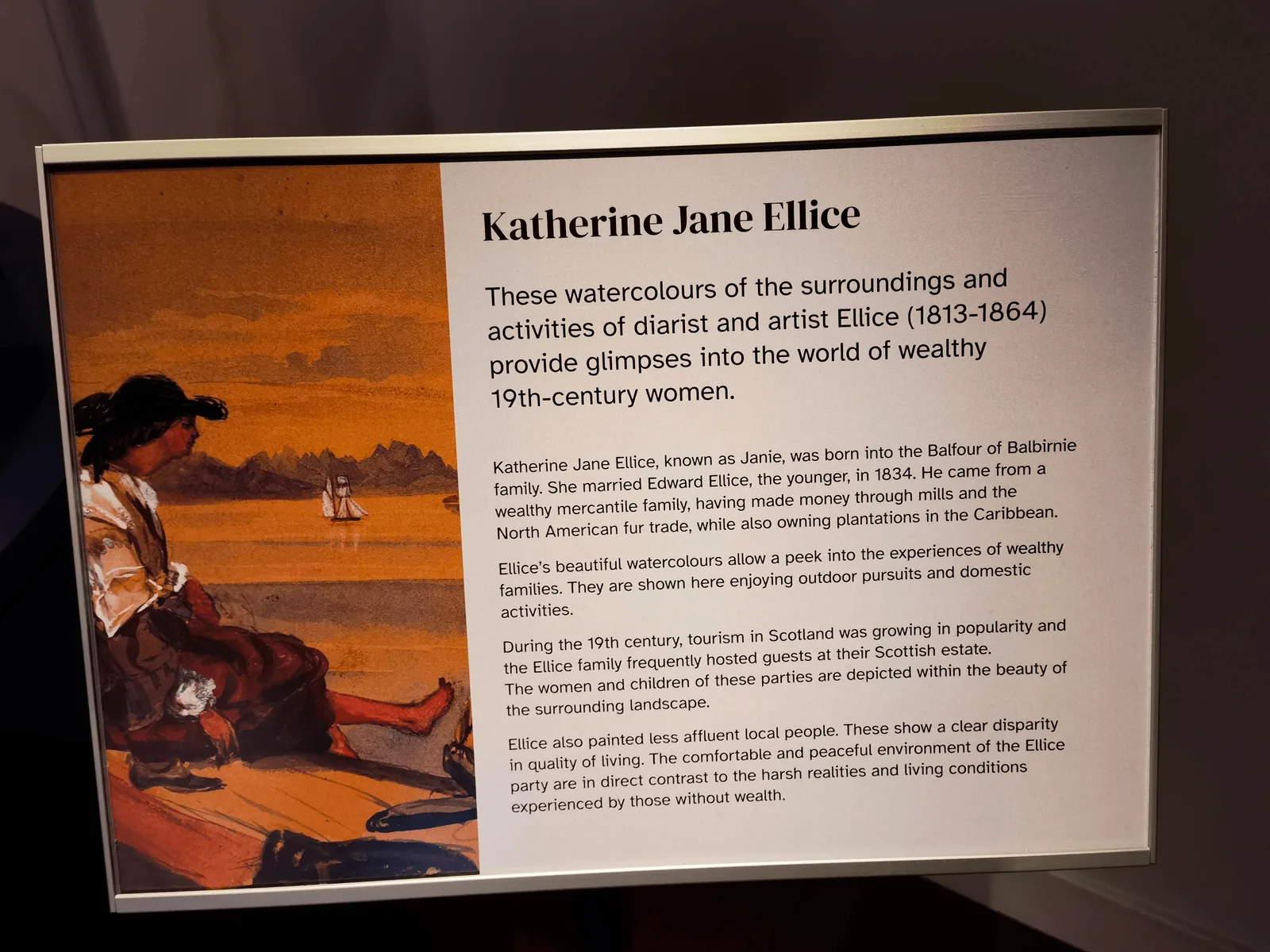 国家图书馆展览中的 Katherine Jane Ellice 水彩画说明与作品。