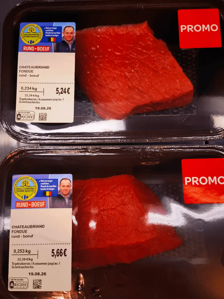超市冷柜里的盒装冷鲜牛肉。
